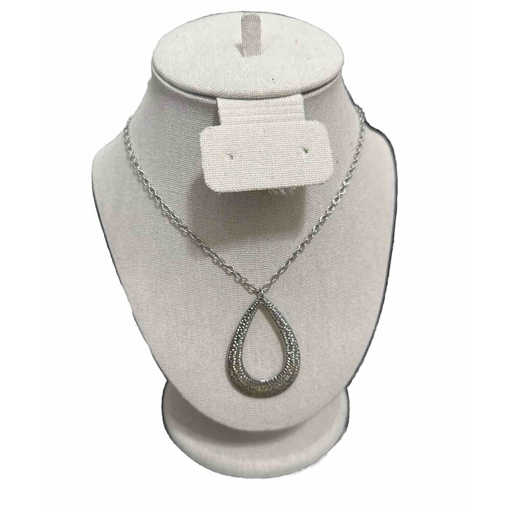 Silver-Tone 32” Necklace w. 1.5” Open Teardrop Pendant - Adjustable Up to 34”